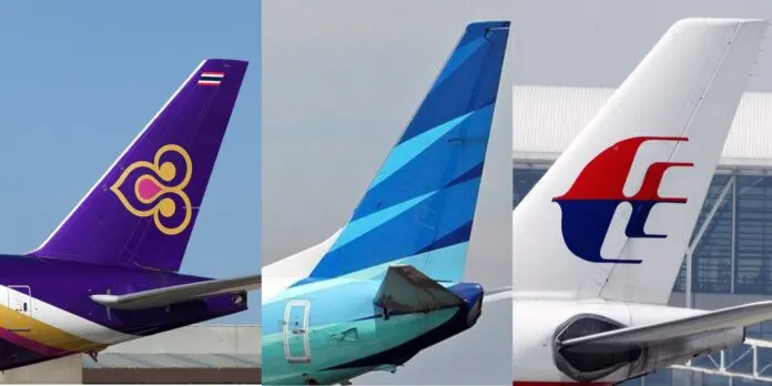 Three Flag Carrier Airways Logos in Southeast Asia from Left to RIght : Thai Airways, Garuda Indonesia, and Malaysia Airlines.